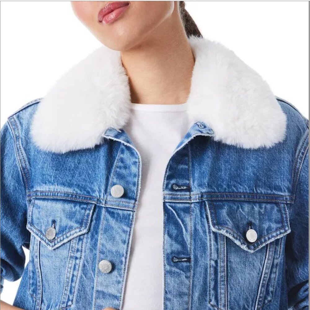 NWT Alice + Olivia Tobias Cropped Denim Jean Jacket w/Faux Fur